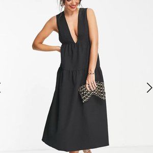 Vero Moda plunge back pinafore midi dress in black